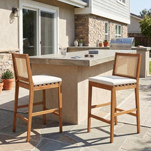 Christopher Knight Home Kirkby Outdoor Counter Height Bar Stools Set of 2, Acacia Wood Counter Stools with Wicker Backrest, Patio Bar Chairs with Cushion for Outdoor Bar Table, Teak + Beige + Yellow