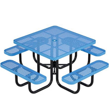 46" Square Top Outdoor Picnic Table Set for Up to 8 Persons, Outside Table Set with 4 Built-in Benches, Metal Commercial Grade Dining Furniture with Umbrella Hole for Garden, Backyard, Patio, Blue