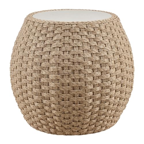 Kobalt Beige Rattan Round Outdoor Side table with Sintered Stone Table Top