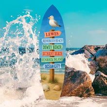 JennyGems Delaware Beaches Surfboard Wall Art with Seagull and French Fries, Outdoor PVC Coastal Sign, Beach House Decor (5 Foot)