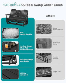 SERWALL 3 Seat Porch Glider Bench with Cup Holdersi and Pad Placement,Black