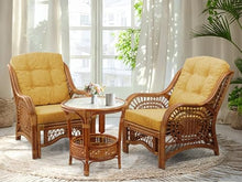 Wickerix Malibu Living Set of 2 Chairs Natural Rattan Wicker Handmade with Light Brown Cushions and Round Coffee Table w/Glass, Colonial