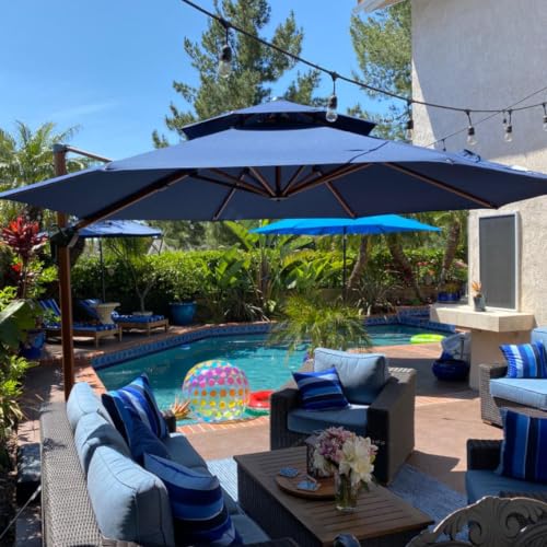 OROTLECT 13 FT Round Wood Pattern Cantilever Umbrella Umbrella With Base In Ground,Navy