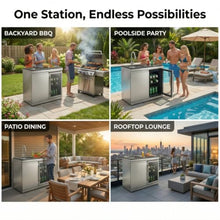 Stainless Steel Outdoor Kitchen Barbecue Island Grill, 6-Burner Cooking Station with Sink, Refrigerator, Granite Countertops & Rotisserie Kit, Suitable for Backyard Patio Entertaining (Silver)