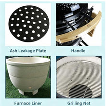 26in Ceramic BBQ Grill, Ceramic Smoker with Stainless Steel Grates,Thermometer, 2 Wooden Handle,Outdoor Cooking,Camping,Picnic(B,22in)