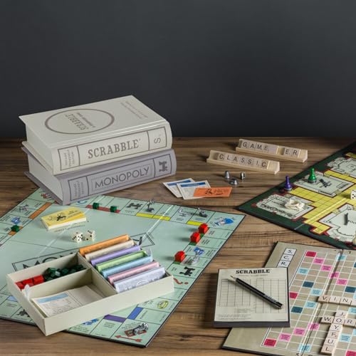 WS Game Company Vintage Bookshelf Board Games Collection Modern Burlap