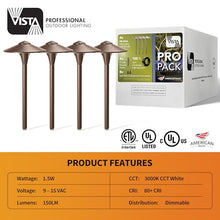 VISTA 4-Pack Cast Aluminum Landscape Path Lights, 12V Low Voltage Landscape Lighting Pathway Lights with 1.5W G4 LED Bulb for Outdoor Walkway Yard Garden Driveway