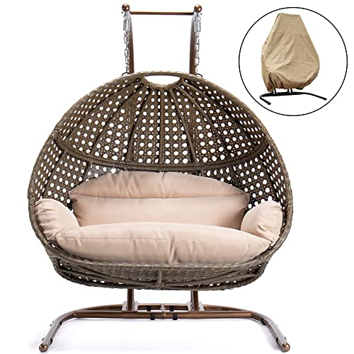 Trustmade 2-Person Hanging Egg Chair With Stand, Wicker Rattan Swing Chair, UV Resistant Cushion for Indoor Bedroom, Outdoor Garden Backyard