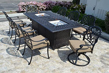 Patio Land Elizabeth Outdoor Cast Aluminum 9-Piece Dining Set with 44x84 Double Burner Table (8 Swivel Rockers, Sunbrella-Linen-Sesame Cushions)