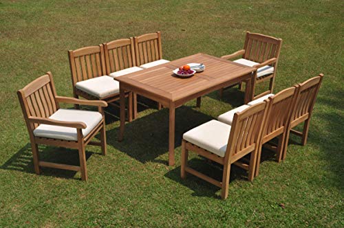 TeakStation 8 Seater Grade-A Teak Wood 9 Pc Dining Set: 71" Rectangle Table and 8 Devon Chairs (2 Arm & 6 Armless Chairs) #TSDSDV60