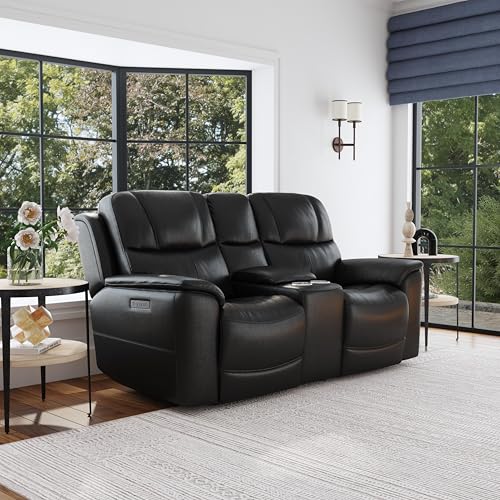 Flexsteel Crew Power Reclining Loveseat with Console, Black Leather, Zero Gravity, Triple Power Headrest & Lumbar, USB Charging, Cup Holders, Storage Console, Ergonomic Home Theater Seating