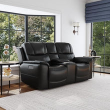 Flexsteel Crew Power Reclining Loveseat with Console, Black Leather, Zero Gravity, Triple Power Headrest & Lumbar, USB Charging, Cup Holders, Storage Console, Ergonomic Home Theater Seating