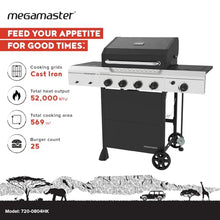 Megamaster Propane 4-Burner Gas Grill, Side Burner with Sturdy Grill Cover