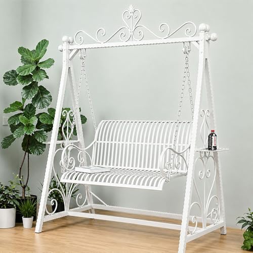 Double Patio Porch Swing, Wrought Iron Hammock Chair with Stand(White)