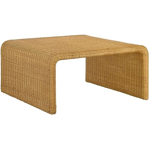Benzara 36 Inch Square Rattan Coffee Table, Waterfall Edges, Natural Textured Brown