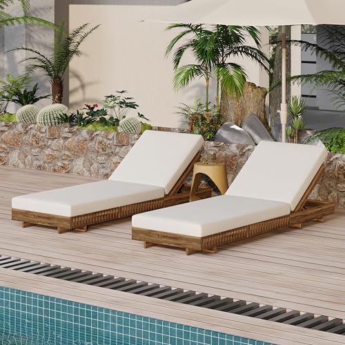 Christopher Knight Home Habers Acacia Wood Chaise Lounge Chair Outdoor Set of 2, Adjustable Backrest Sun Lounger Recliner, Patio Outdoor Chaise Lounge with 4" Thick Water-Resistant Cushion,Teak+Cream
