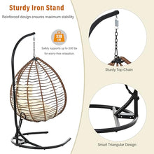GDFStudio Hammock Chair with Stand, Rattan Wicker Hanging Egg Chair with Cushion and Headrest, Iron Frame Hammock Swing Chair for Indoor Outdoor Patio Balcony Porch Garden, 330lbs, Brown+Beige
