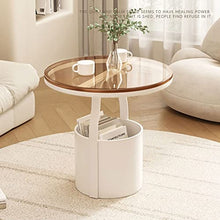 Modern Indoor Outdoor Side Tables with Storage Basket, Small Round End Table with Tempered Glass Tabletop and Metal Frame Metal, for Patio Yard Balcony Garden Bedside White&Black Simple(Brown+White)