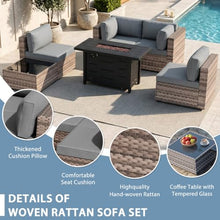 Shintenchi 6 Piece Outdoor Patio Furniture Set with 43 Inch Propane Fire Pit, Washable Cushions, Glass Coffee Table, Waterproof Cover & CSA Certified for Backyard Poolside, Brown PE Rattan/Gray