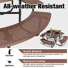 ADDJY Commercial Picnic Tables with Umbrella Hole for Outdoors, All Metal Heavy Duty Picnic Table with Benches for School, Hospital, Coffee Shop, Brown