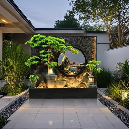 Luxury Rockery Wall Fountain – Black & Gold Mountain Scene with LED Lights, Indoor/Outdoor Cascading Fountain Water Curtain Wall Floor-Standing Decor(336 Black Gold)