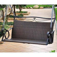 Pemberly Row Patio Loveseat Swing, Antique Brown Finish, Matte Wrought Iron Frame, Premium Wicker Resin Design, Weatherproof UV Protection, 43" W x 25.5" H Outdoor Seating with Chain Included