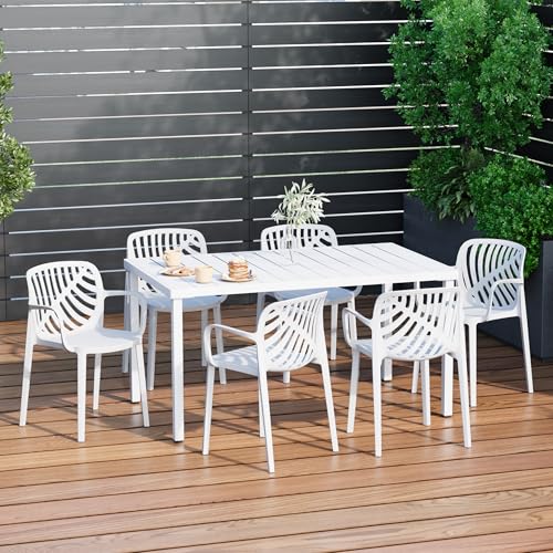 Costaelm Kitchen & Dining Room Sets, 7 piece Dining Table Set, Breakfast Coffee Bar Table and Chairs of 6, Stackable Dining Side Chair, Patio Bistro Deck Furniture, White