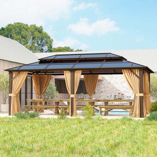 oneinmil 12'x20' Hardtop Gazebo with Netting and Curtains, Aluminum Frame, Heavy Duty Canopy for Patio, Backyard, Lawn Brown