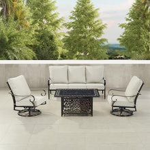 Oakland Living Black Aluminum Patio Fire Table Set with Deep Seating Sofa, Two Club Chairs and Wind Blocker