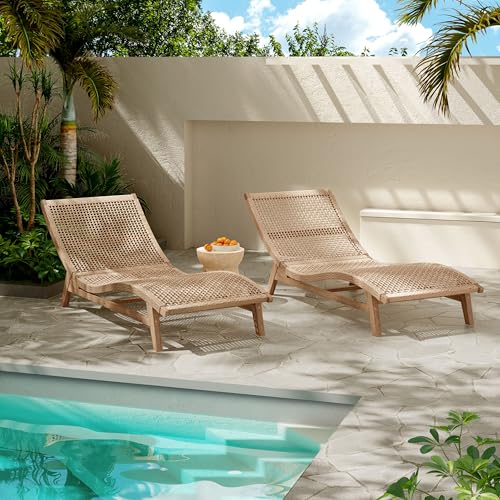 Christopher Knight Home Amalfi Acacia Wood Chaise Lounge Chair Outdoor Set of 2, Wicker Patio Chaise Lounge, Outdoor Sun Lounger, Poolside Seating, Light Teak
