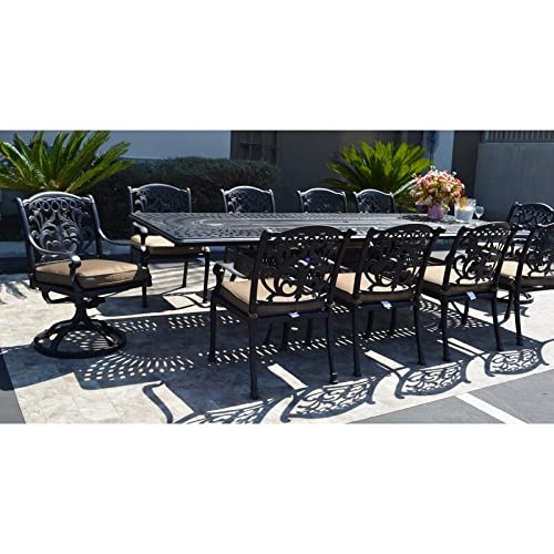 Patio Land Mandalay Outdoor Cast Aluminum Powder Coated 11-Piece Dining Set with Extendable 132in Rectangular Dining Table (Premium Sunbrella-Linen-Sesame Cushions)