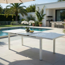 Benzara Meta 95 Inch Extendable Dining Table, White Aluminum Frame, Plank Top