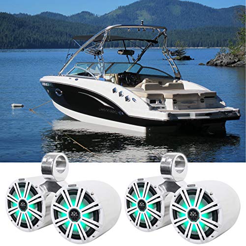 KICKER 45KM84L 8" 600 Watt Marine Waterproof Speakers with LEDs and Rockville Dual 7.7" Aluminum Enclosure White