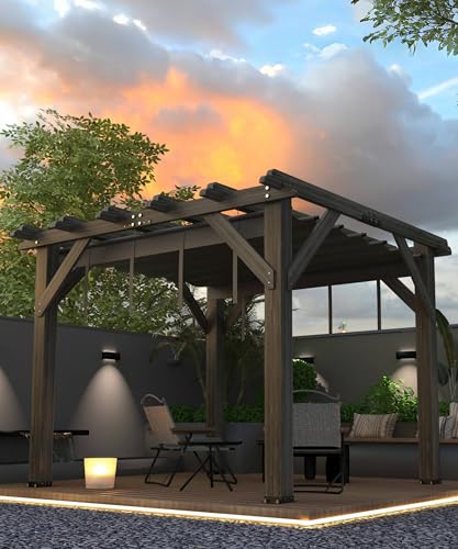 GAOMON 10x10 FT Wood Pergola with Retractable Shade Canopy Charcoal Gray