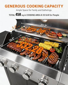 EUHOME 4-Burner Propane Gas BBQ Grill with Side Burner, 46,500 BTU Stainless Steel Outdoor BBQ with Enameled Cast Iron Grates & Side Tables for Patio, Backyard, and Outdoor Cooking