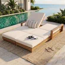 Christopher Knight Home Mari Acacia Wood Chaise Lounge Chair Outdoor, Spacious Double Outdoor Chaise Lounge with 3-Fold Cushions, 4 Position Adjustable Backrest Pool Lounger, Light Natural + Cream