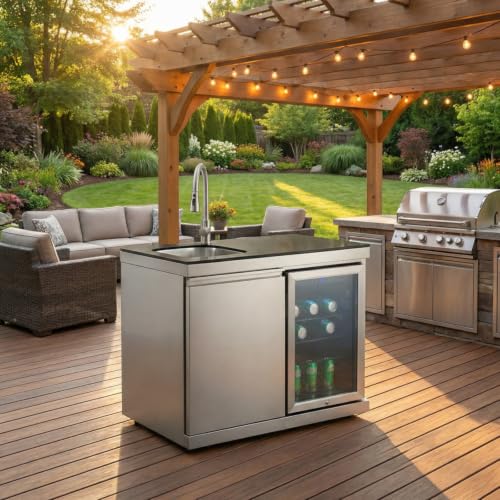 Stainless Steel Outdoor Kitchen Barbecue Island Grill, 6-Burner Cooking Station with Sink, Refrigerator, Granite Countertops & Rotisserie Kit, Suitable for Backyard Patio Entertaining (Silver)