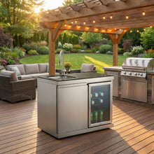 Stainless Steel Outdoor Kitchen Barbecue Island Grill, 6-Burner Cooking Station with Sink, Refrigerator, Granite Countertops & Rotisserie Kit, Suitable for Backyard Patio Entertaining (Silver)