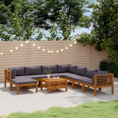 VGLQNRPT 9-Piece Outdoor Lounge Set, Solid Acacia Wood Modular Patio Furniture, Dark Grey Cushioned Garden Seating for 8 People