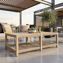 Outdoor Escape Beige Outdoor Coffee Table with Solid Teak Wood Frame, Polyolefin Rope Upholstery, Single Shelf, Transitional Design