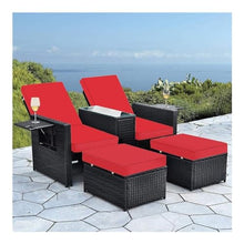 Patio Furniture Set, 5 Pieces Patio PE Wicker Chaise Lounge, Red Outdoor Cushioned Wicker Chaise Lounger with Adjustable Backrest, Adjustable Sun Lounger for Outside Sunbathing Camping Pool Beach