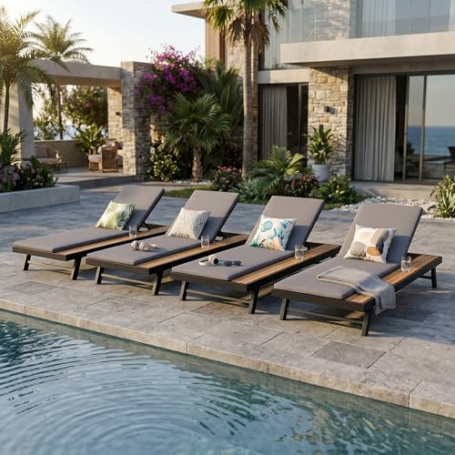 Merax 4 piece Black Iron Teak Finish Chaise Lounge Set with 2" Thick 2-Fold Cushion, 400 lbs Capacity, Adjustable Backrest with Flat Storage Surface for Patio, Poolside, Backyard, Dark Gray