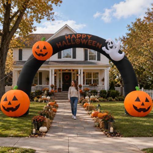 Wellcomer 20FT Inflatable Halloween Arch with Built-in LED Lights, Blow Up Entrance Archway with Pumpkins & Ghost for Party & Outdoor Decoration
