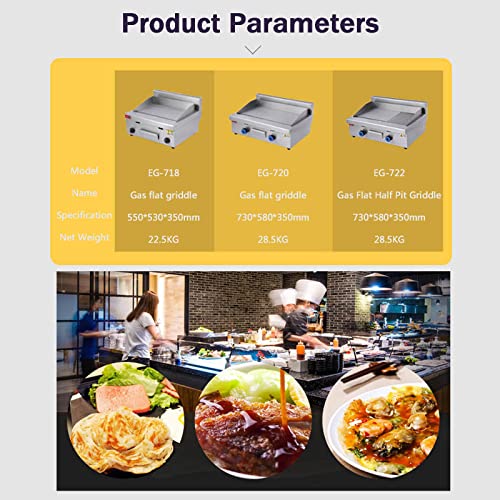 Double Gas Griddle Grill Smooth LPG Commercial Stainless Steel Heavy Duty Restaurant Outdoor Griddle Gas Baking Plate Burger Grill Large Non-Stick Burners Flat Hot Plate for Home and Commercial,720