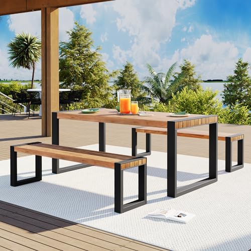 Merax 3 Pieces Acacia Wood Outdoor Dining Set, Patio Dining Table Sets with 2 Benches, Ideal for Backyard, Patio, Garden, Balcony, All Weather Resistant Use Furniture, Solid Steel Frame, Natural