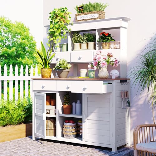 Merax 65.7" Tall Garden Potting Bench with Hutch, 3 Shelves, 6 Drawers, 2 Cabinets & Hooks