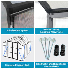Walk-in Polycarbonate Greenhouse with Aluminum Frame and Double-Door Gate for Growing Flowers, Herbs, Plants, Outdoor Plant Tent with Drainage Gutter System for Backyard, Lawn (8x12FT+Black)