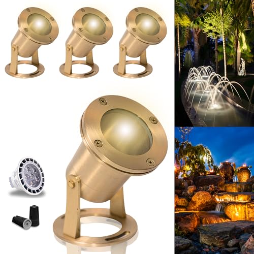 MIK Solutions Waterproof Underwater Light 113 (4 Pack) Solid Brass 7W MR16 LED Bulb Pond Light Submersible Waterfall Pool Fountain for Beautiful Bright Long Lasting Home Garden Patio Pool