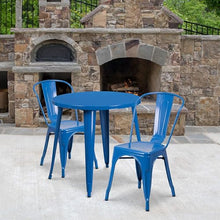 BOWERY HILL 3 Piece Metal Patio Dining Set, 30" Round Table and 2 Chairs, Blue Powder Coat Finish, Stackable Bistro Chairs, Indoor/Outdoor Use, Retro-Modern Style for Home, Restaurant or Patio Spaces