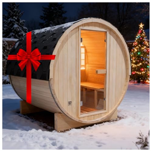 AMOCANE Outdoor Barrel Steam Sauna for 4-6 Person, Canadian Spruce Wooden Saunas Room for Home, Traditional Backyard Spa with 6 KW TOULE Heater, Rocks, Bucket (70.87”x 70.87”x 70.87”)